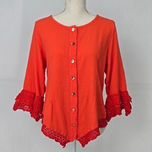 Dunes Relaxed Fashion Womens M Coral Orange Cotton Gauze Crochet Trim Blouse Top